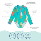 UV Protective Long Sleeve Swimsuit Green Ice Cream, a turquoise swimsuit with long sleeves and an ice cream pattern. It has a front zip and is made from recycled materials.